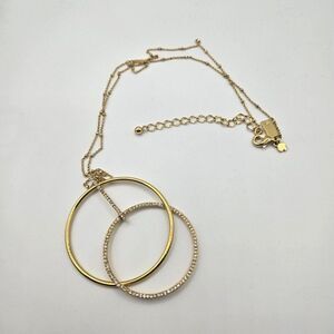 Kate Spade Gold-Tone Double Circle Pendant Necklace Rhinestones Long 20-24"